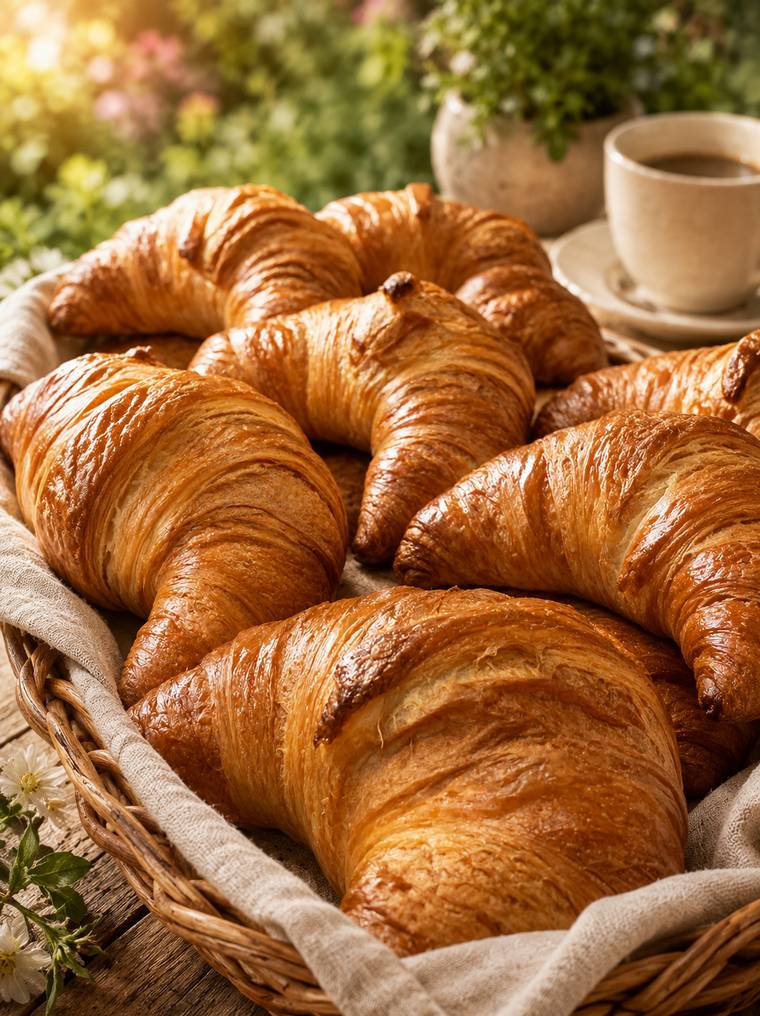 Frisch gebackene Bamberger Butterhörnchen im Korb