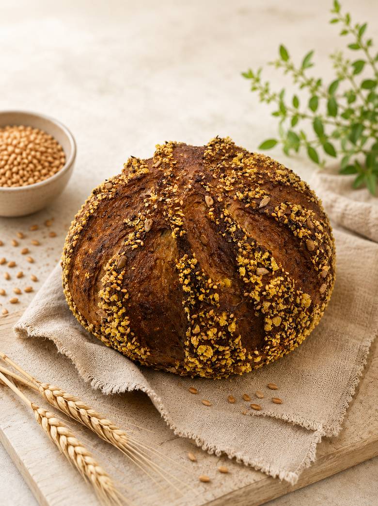 Rundes Mühlenbrot mit Saaten und kräftiger Kruste