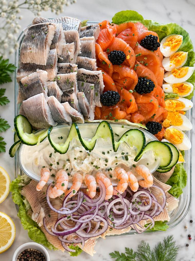 Fischplatte mit Lachs, Matjes, Eiern und Garnelen